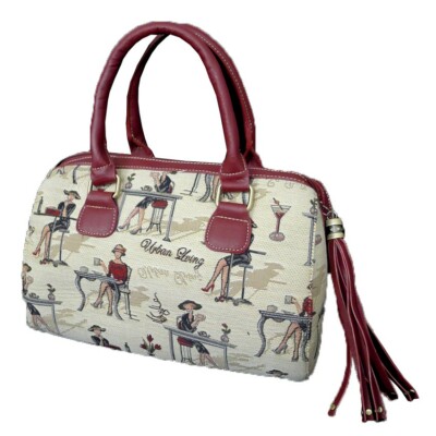 Women Top Handle Tapestry Purse with Crossbody Strap Paris Girl Design 