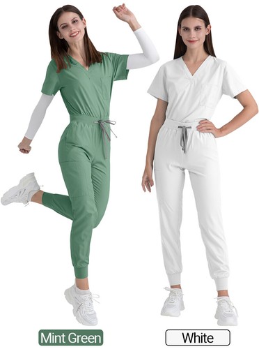 Stretch Medical Nurse Scrub Uniform Women Scrub Set V-Neck Top Jogger Pants - Picture 7 of 94