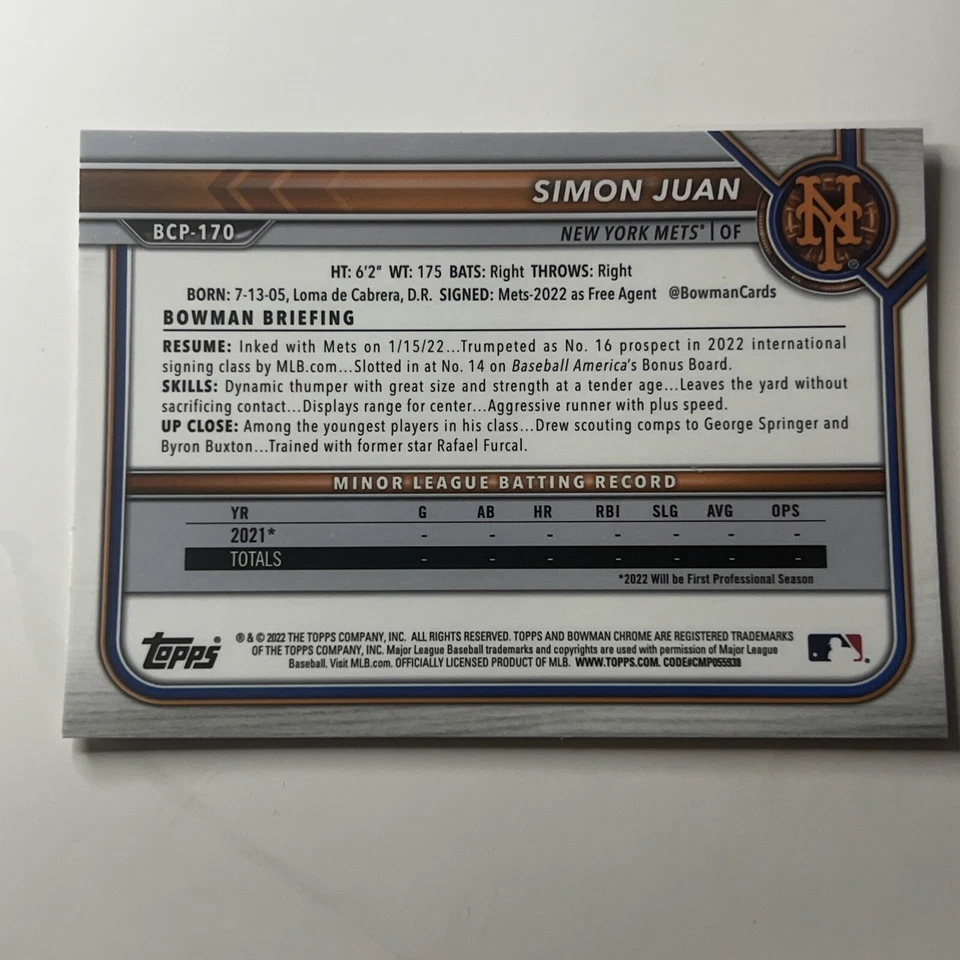 2022 Bowman Chrome Mojo Refractor Simon Juan #BCP-170 New York Mets - Image 2 of 2