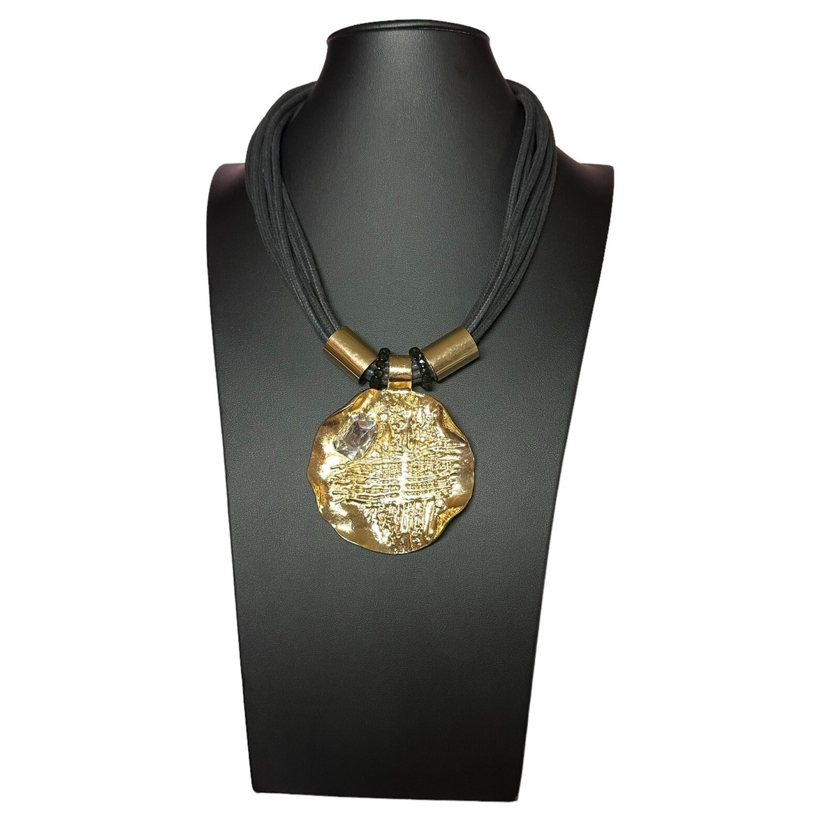 Multi Layered Leather Black Cord Necklace Gold Tone Pendant