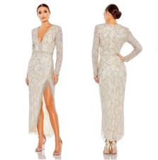 Mac Duggal 5741 Fringe Embellished Slit Dress in Silver Nude sz 8