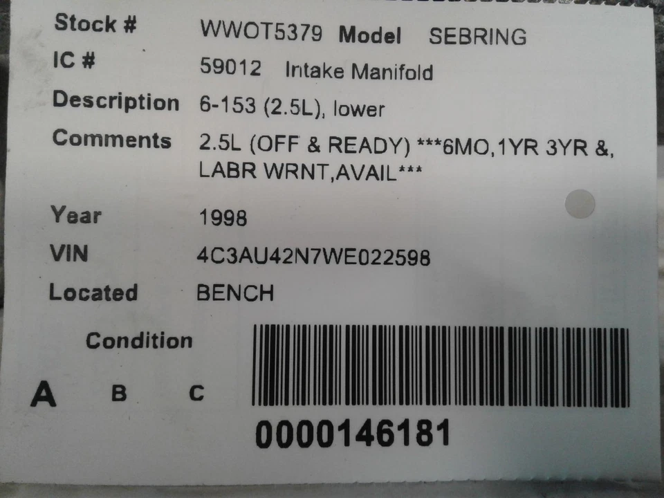 Used Lower Engine Intake Manifold fits: 1998 Chrysler Sebring 6-153 2.5L lower L Foto 3 de 4