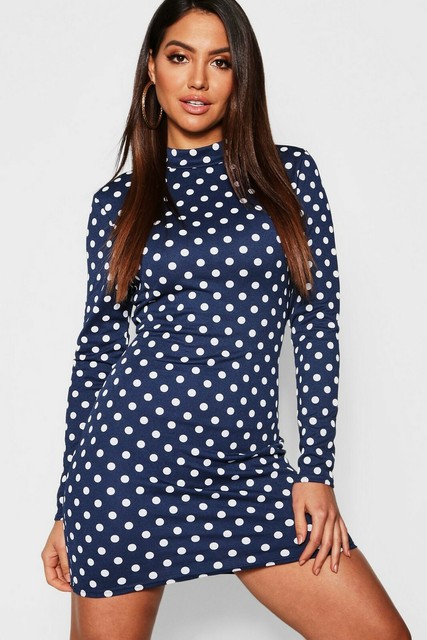 Boohoo Polka Dot Navy Blue White Bodycon Dress 10 | eBay