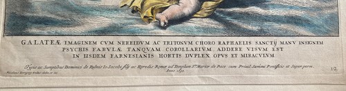Grabado italiano fechado 1693 Rafael “Triunfo de Galatea” mitología coloreada a mano - Imagen 11 de 13