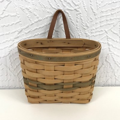 1996 Carnation Basket Wall Pocket Leather Strap Signed HandMade USA Green Trim