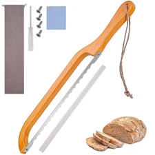 Wooden Bread Bow Knife, 15.7-inch Serrated Bread Slicer, Premium Stainless St...