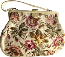VTG 1960s Large Purse Needlepoint Floral 15 1/2"Length x 12" Wide
