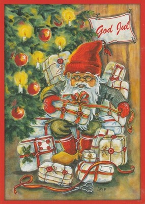 Weihnachts- AK, Künstlerkarte, TOMTE / NISSER PACKT GESCHENKE Schweden