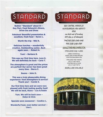 Standard Diner Menu & Business Card Central Street Albuquerque NM Triple D Fieri