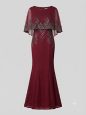 Elegant Women's Maroon Lace Mermaid Evening Gown with Sheer Capelet Overlay