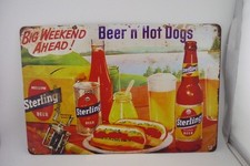 Sterling Beer Tin Sign Beer N Hot Dogs Vintage Style Bar Wall Decor 12 x 8