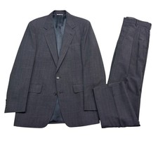 vtg 90s USA Made 42L 34x33 Charcoal Windowpane Check 2pc Pant Suit Wool Pleated