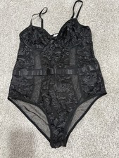 Black Underwired Floral Semi-Transparent Lace Mesh One Piece Bodysuit 1XL