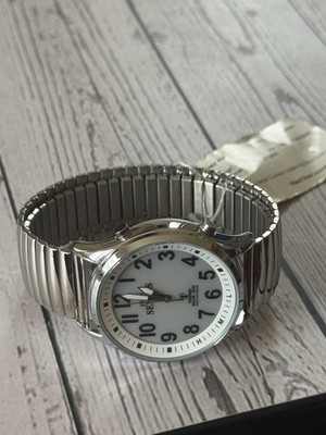 TimeChant SENSiS Talking Quartz Analog Wristwatch Silver Bracelet White Dial