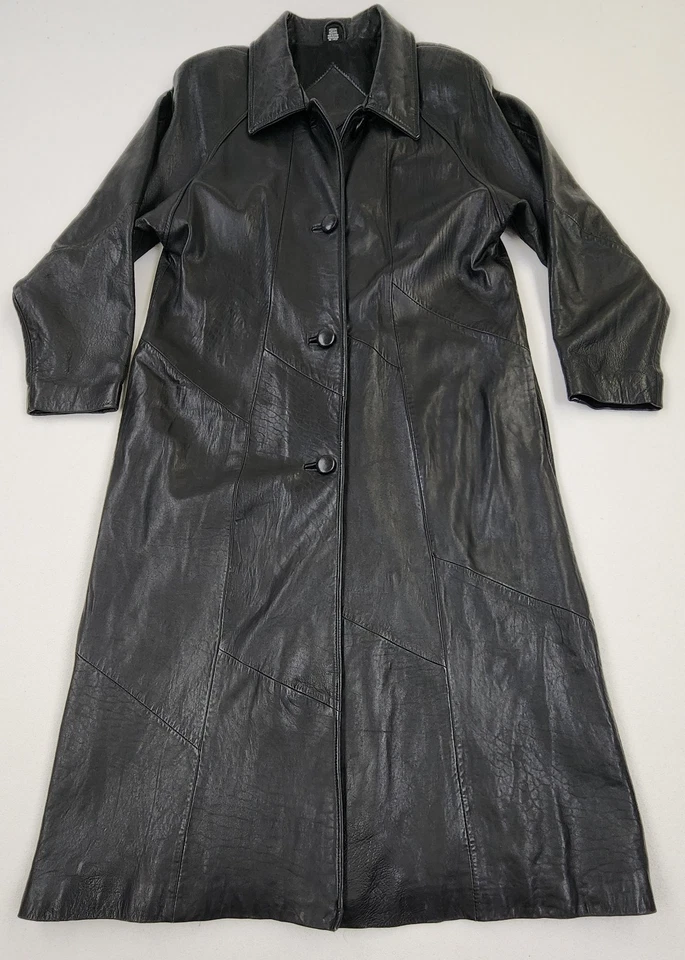 Womens Leather Trench Coat Black M/L/XL Long SOFT LAMBSKIN Vintage 80s 90s Rare