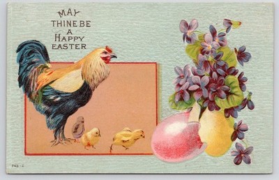 c1910s Happy Easter Chicken with Baby Chicks Colored Eggs Violets  Postcard