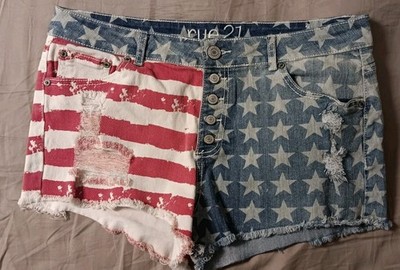 Rue 21 Womens American Flag Jean Shorts Sz 11/12 Stars Stripes Button Closure