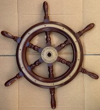 VTG John Hastie & Co Mahogany & Brass Bound 24" Ship Wheel - Greenock, Scotland