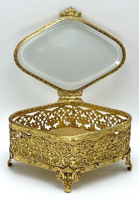 Vintage Ornate Jewelry Casket Box Beveled Glass Hollywood Regency Excellent Cond