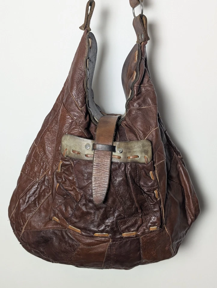 Bolsa de ombro de couro vintage marrom patchwork feita à mão boho satchel 14"x16" - Imagem 4 de 4