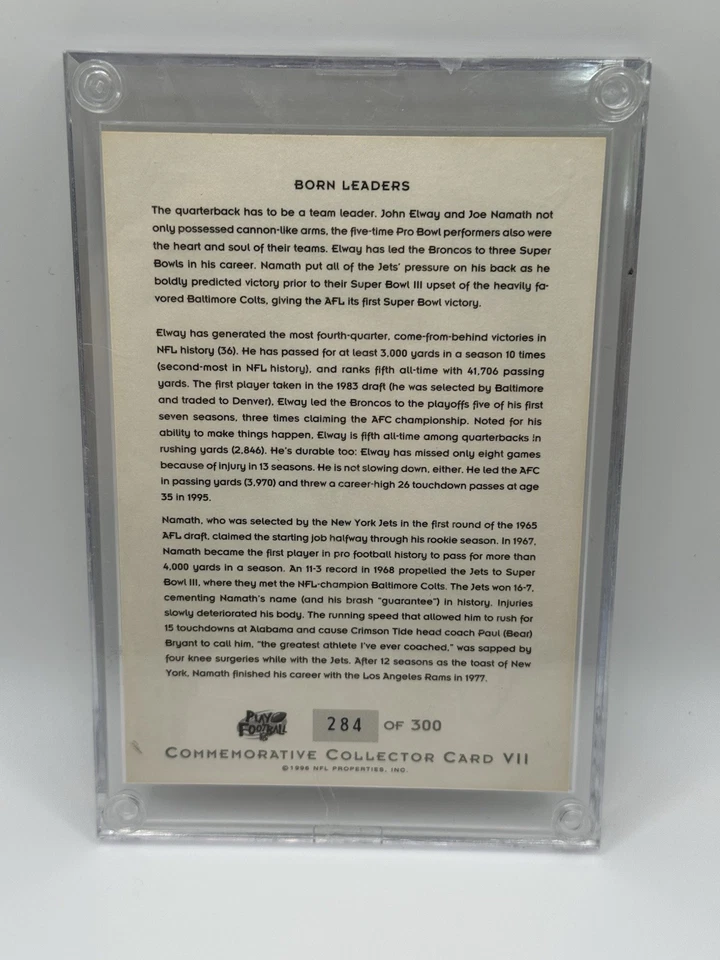 1996 NATIONAL SCC JOHN ELWAY JOE NAMATH AUTOGRAPHED CARD #284/300 NEAR MINT - Image 3 of 4