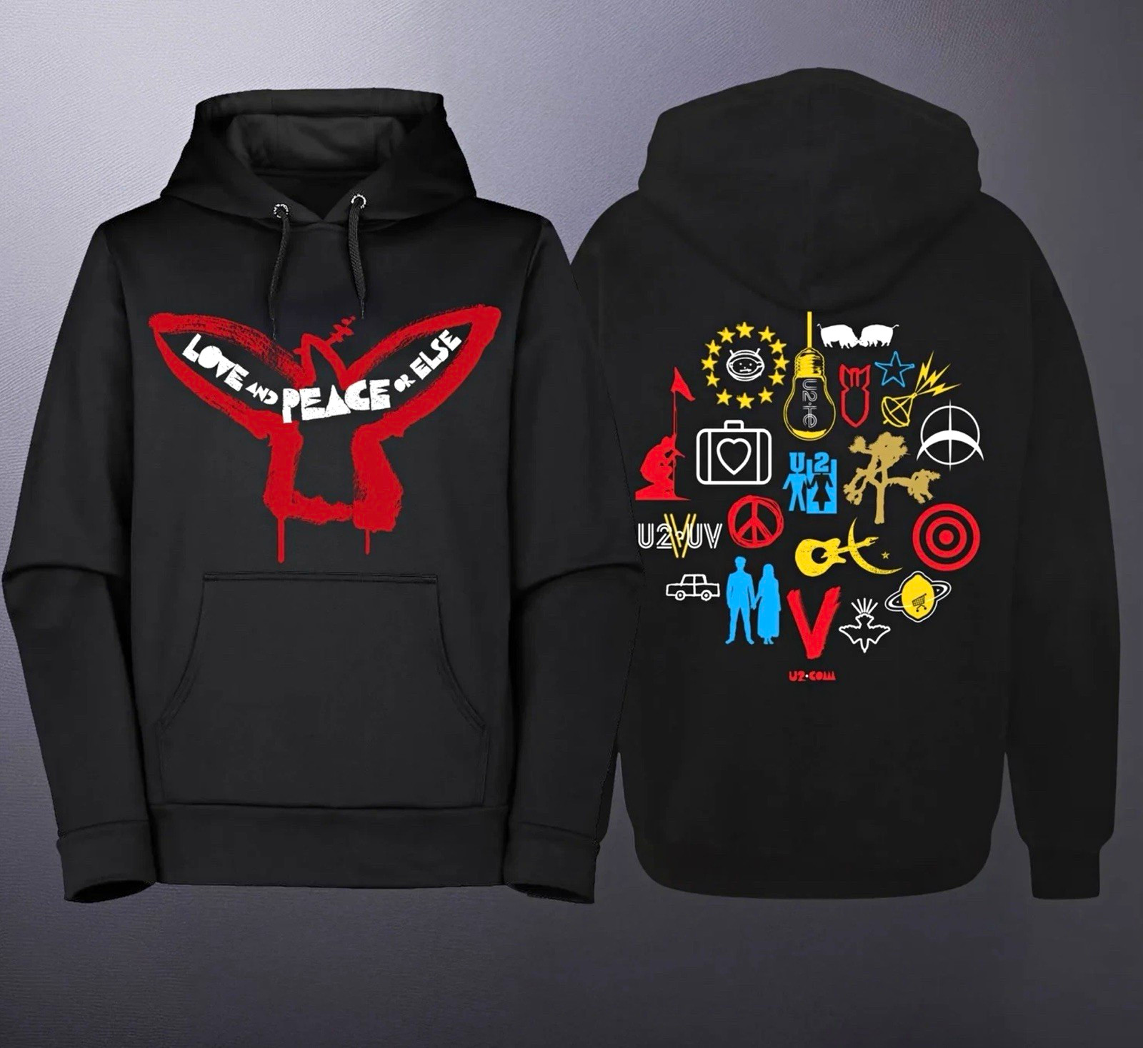 U2 Black Pullover Hoodie Love Peace Graphic Front/Back Print Pockets XL