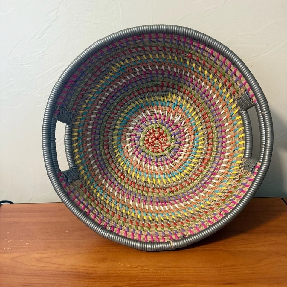 Pier 1 Natura Rainbow Shelf Basket Round Woven Colorful Storage Organization 13" - Image 2 of 4