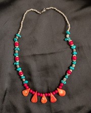 Vintage handmade  turquoise, red coral, and silver-toned beaded Necklace 