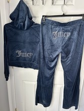 Y2K JUICY COUTURE LARGE REGAL BLUE VELOUR 2 PCE SET TRACKSUIT RHINESTONE LOGO L