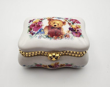 Vintage Porcelain Bear Trinket Jewelry Box with Gold Trim & Floral Design