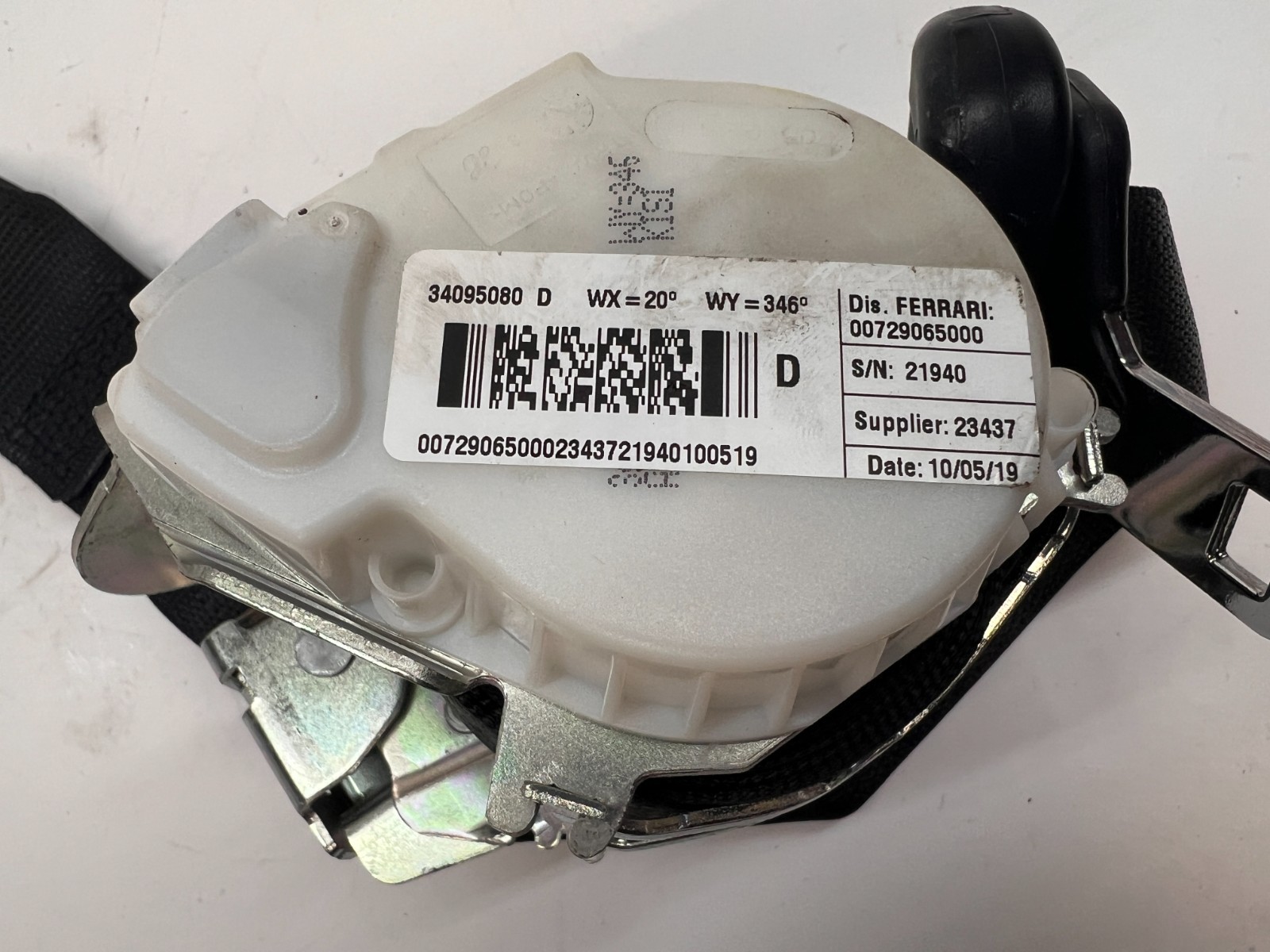 FERRARI 488 GTB PASSENGER RIGHT RH THREE POINT SAFETY SEAT BELT OEM 72906500