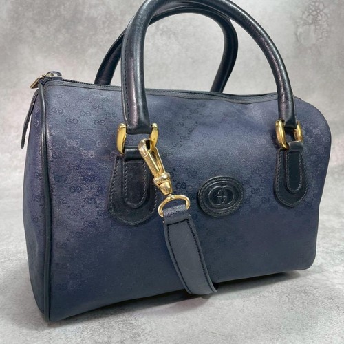 GUCCI GG Boston Shoulder Hand Bag Ziplock Leather PVC Navy Gold Hardware Japan