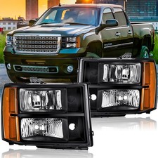 07-13 GMC Sierra 1500 07-14 2500HD 3500HD Black Housing Amber Headlights Pair