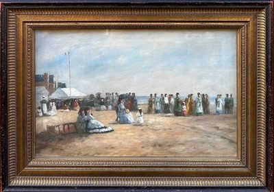 Nach Eugene Boudin (1824-1898): Blick auf einen französischen Strand, Öl in Karton