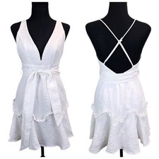Selfie Leslie Boho White V-Neck Cross Back Belted Mini Dress Small Summer Chic