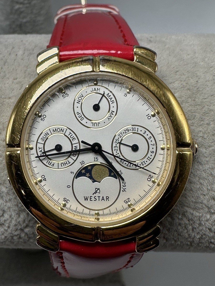 Westar Moon Phase New Battery 18K Gold Plated Watch 33MM 7.5