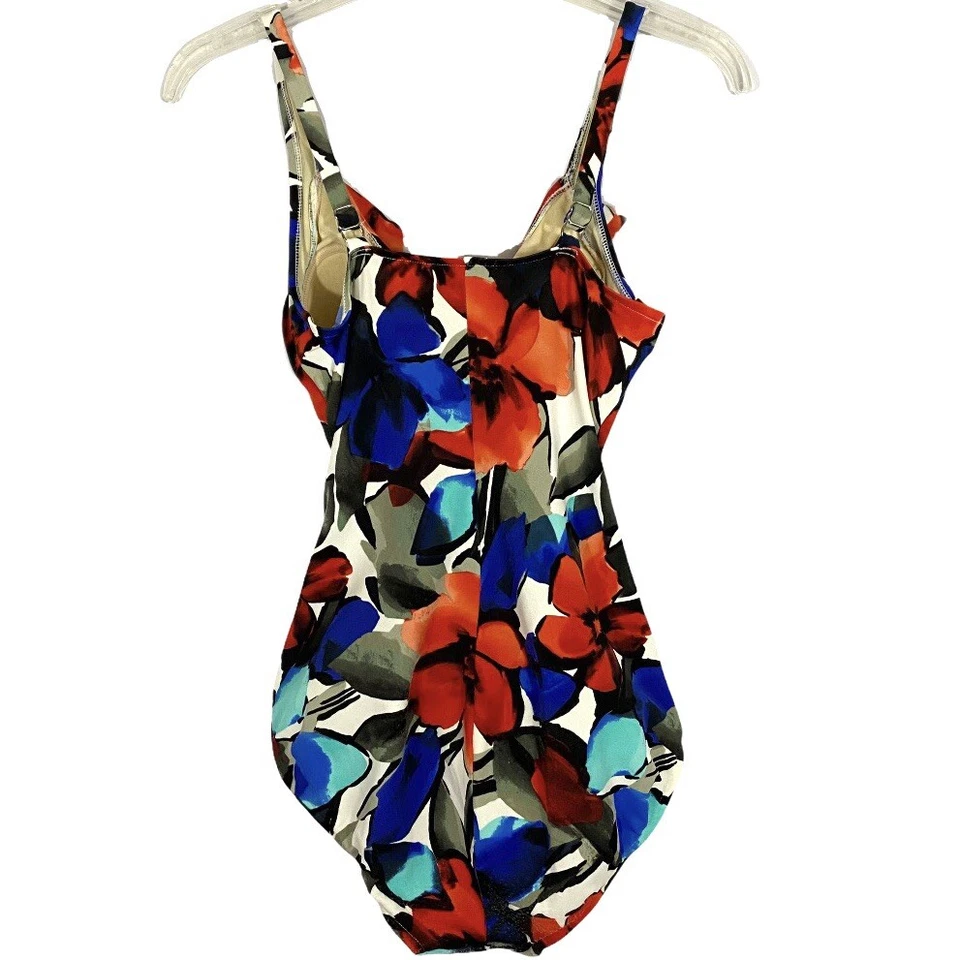 INC | Traje de baño rojo blanco azul colorido floral Fuax envolvente cuello con volantes de una pieza 6 Foto 4 de 4