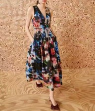 Women Ulla Johnson V-neck Contrasting Slim A-line Midi Dress