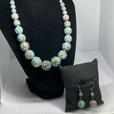 Chunky Teal  Brown Faceted Graduated Beaded Choker Necklace and Earring Set