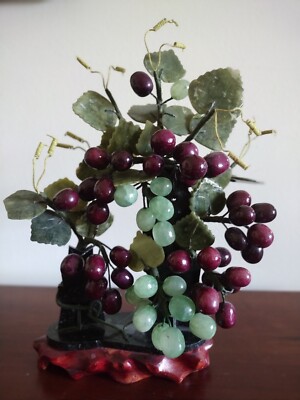 Oriental Stone Grapes and Grape Vine Tree on Cedar Wood Base, 14'' tall