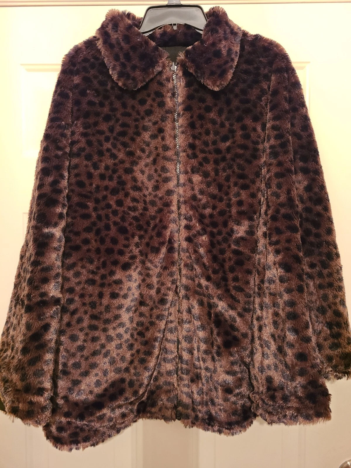 Sporto Reversible Cape Poncho Leopard Print Brown Mid Length Zip Closure NEW