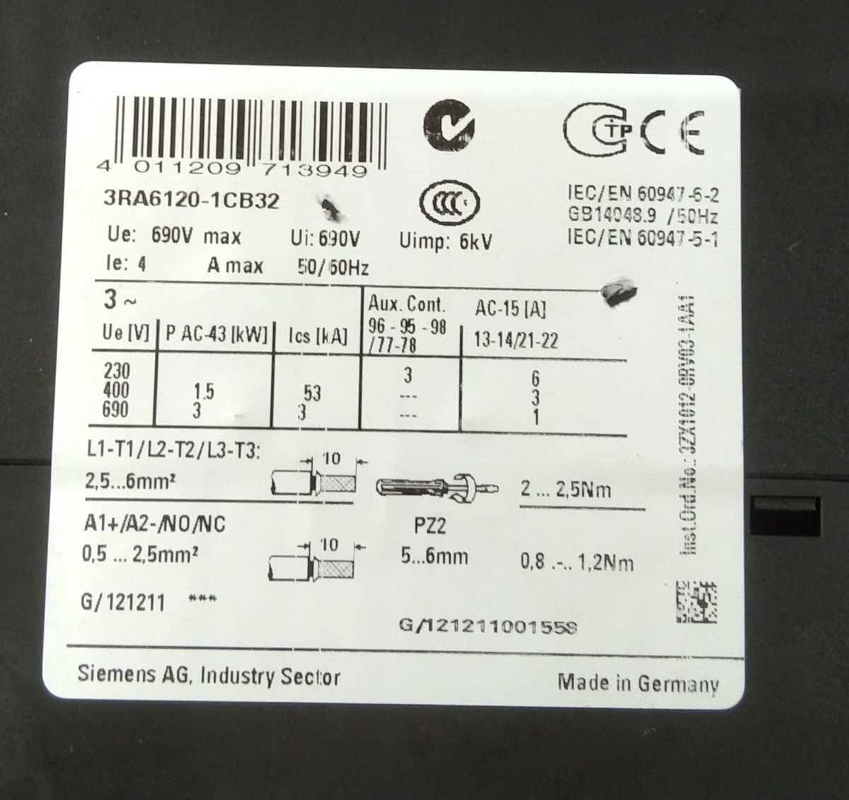 New Siemens 3RA6120-1CB32 Sirius Compact Load Feeder DOL New Siemens 3RA6120-1CB32 Sirius Compact Load Feeder DOL