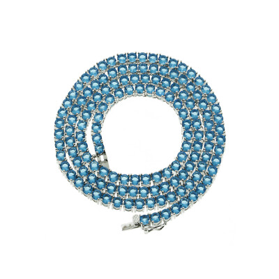 Unisex Bling 4mm 1 Row Tennis Necklace Silver Finish Blue Lab Diamonds 22 inches