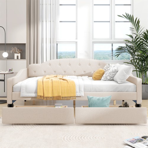 Full Size Daybed Upholstered Bed Frame Sofa Bed with 2 Storage Drawers Beige - Picture 3 of 18