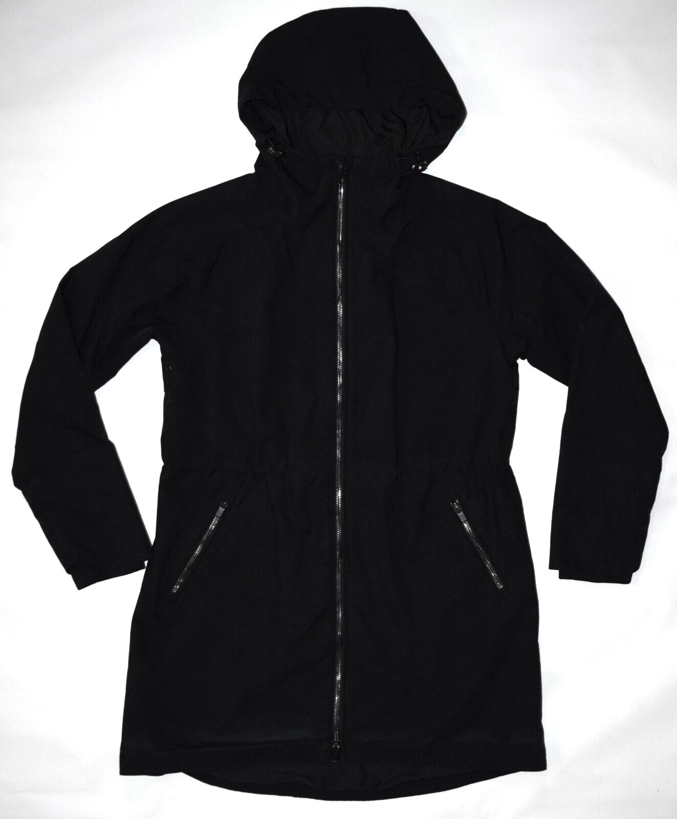 ATHLETA Cloudburst Black Hooded Rain Coat Jacket 3524… Gem