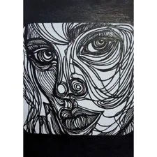 ACEO Original Lady Girl Women Figures Abstract Black Pen Line Art Hand Made NEW