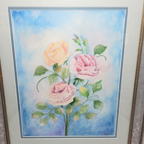 Preciosa pintura floral acuarela rosa y albaricoque enmarcada mate firmada - Imagen 3 de 8