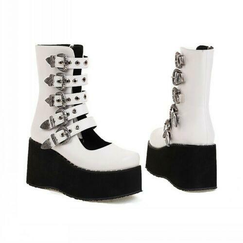 Damas Gruesas Plataforma Tacón de Cuña Hebilla Botines Gótico Punk Zapatos Gran Tamaño - Imagen 13 de 13