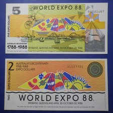 WORLD EXPO 88 BRISBANE AUSTRALIA OCTOBER 1988 $2 and $5 DOLLARS EXPO BANKNOTES