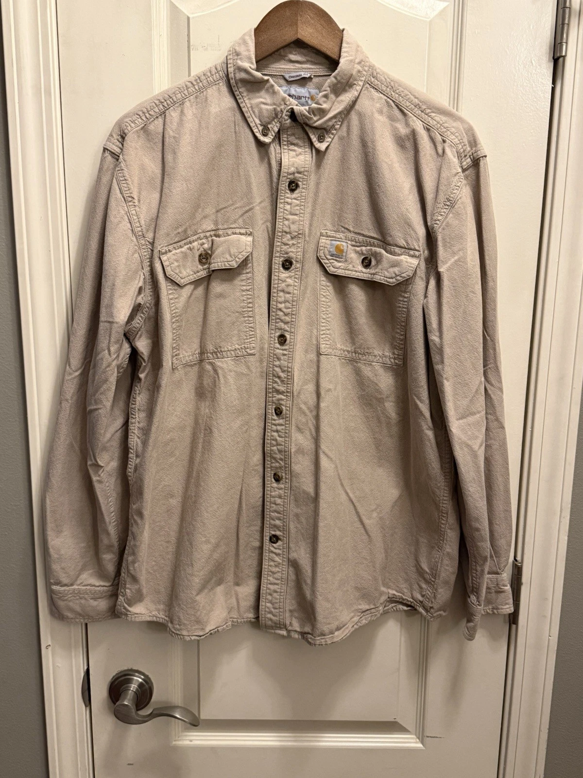 Carhartt Men's Long Sleeve Beige Button Down Shirt Men's Large Relaxed Fit